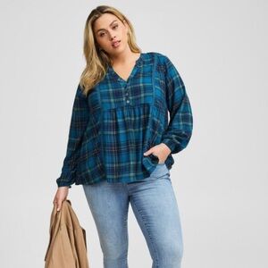 Torrid 6X Women’s Challis Relaxed Long Sleeve Blouse Top Plaid Blue Green